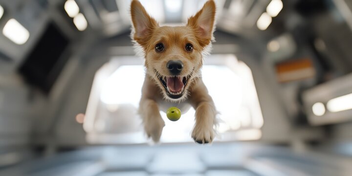 space dog chasing toy, a joyful dog happily chases a floating toy in a spacecraft, with distant stars and the edge of a space station in the background