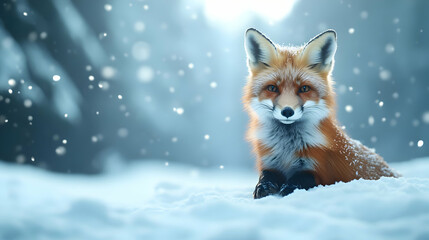 Fototapeta premium A majestic red fox lies peacefully in a snowy landscape, surrounded by falling snowflakes, showcasing its vibrant fur.