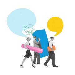 Conceptual art collage. Professionals walking forward, carrying large blocks, with floating speech bubbles above, emphasizing teamwork, progress in communication. Concept of communication and business