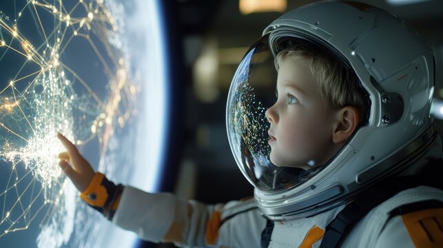 child astronaut exploration, a child astronaut in a high-tech suit floats in a space station, gazing in wonder at a holographic display with earth in the background