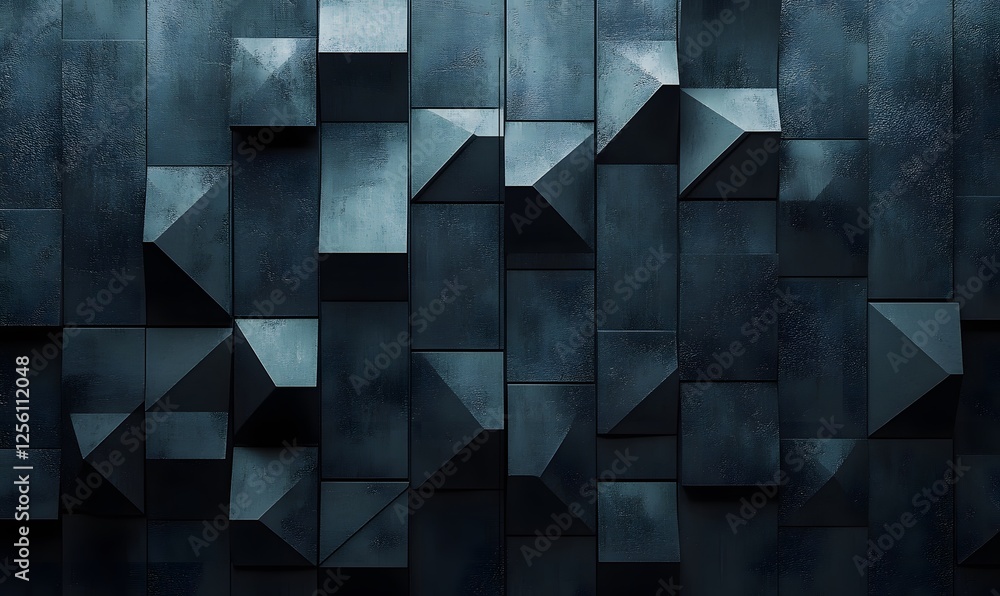 Poster dark blue geometric panel with raised and angled squares in a repeating pattern creating depth and s