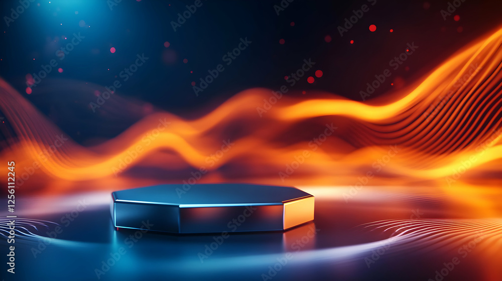 Poster a modern hexagonal podium illuminated by vibrant waves of light, perfect for showcasing products or 