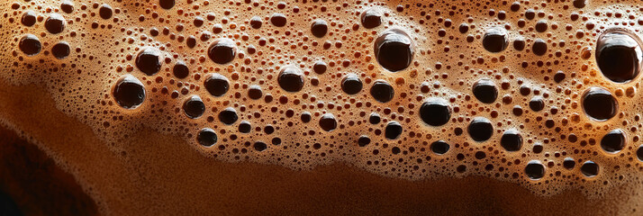 Close-up view of coffee bubbles on brewed coffee surface with a bright backdrop