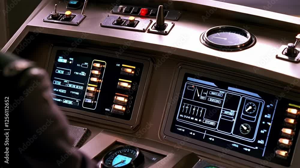 Poster futuristic control panel with illuminated buttons, switches, and digital displays, suggesting advanc