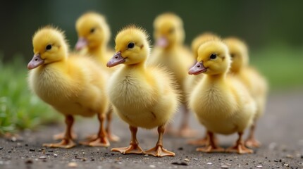 Fototapeta premium A close-up of adorable ducklings waddling by a pond, showcasing their fluffy yellow feathers and curious expressions. 