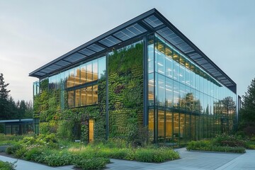 Obraz premium contemporary glass office building with living walls, solar panels, and rooftop gardens integrated seamlessly into natural surroundings