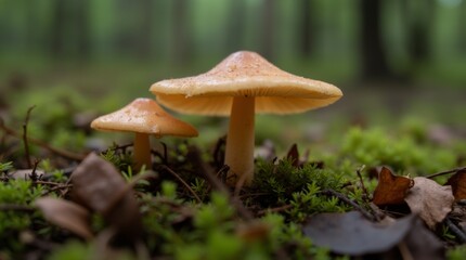 A close-up view of a delicate mushroom growing on the forest floor, surrounded by moss and fallen leaves