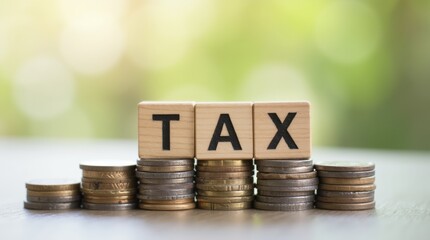 Tax season 2025: Wooden blocks spelling 'TAX 2025' on stacks of coins.