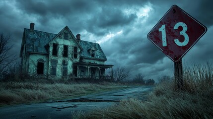 Eerie Abandoned House with Dark Clouds and Road Sign Number 13