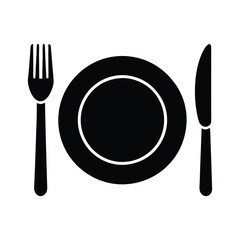 Vector silhouette illustration of a plate with knife and fork
