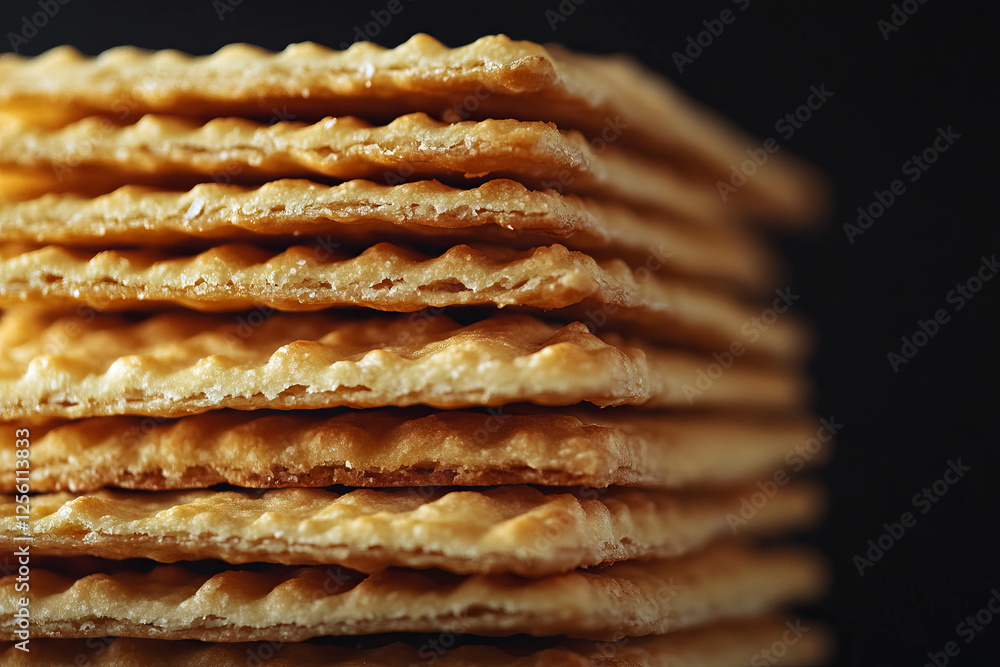 Poster delicious crackers stacked neatly showcasing their texture and sharp edges in bright light
