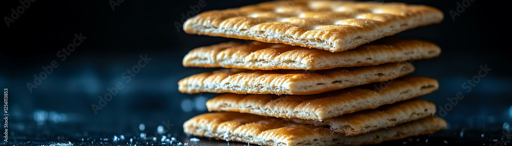 Poster neatly stacked crackers showcasing texture against a dark background