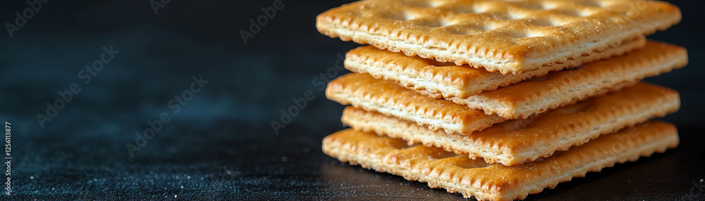 Poster neatly stacked crackers showcasing texture and sharp edges against a dark background