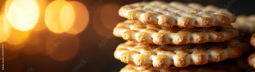 Poster Stacked crackers showcasing texture and edges against a dark background