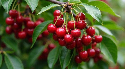 Obraz premium A lush cherry tree laden with ripe, red cherries, surrounded by vibrant green leaves