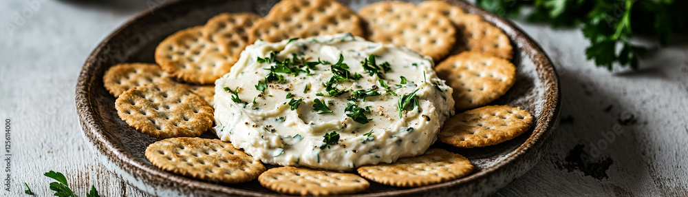 Poster crackers with textured cheese spread and herbs on a rustic plate in a bright setting