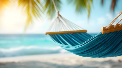 A serene hammock swaying under palm trees, overlooking a tranquil beach during sunset, ideal for relaxation and escape.