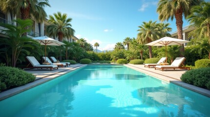 A minimalist swimming pool design with clean lines and a simple aesthetic, surrounded by a wooden deck and modern furniture