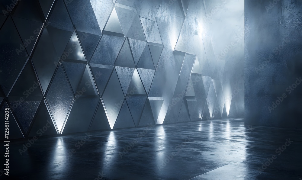 Poster abstract futuristic geometric wall with triangle pattern and spotlights shining