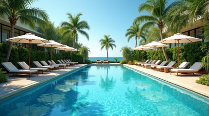 A minimalist swimming pool design with clean lines and a simple aesthetic, surrounded by a wooden deck and modern furniture