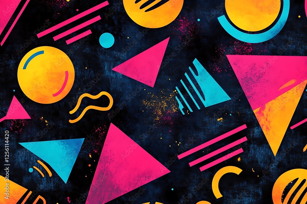 Poster abstract geometric shapes pattern with vibrant colors on a dark background.