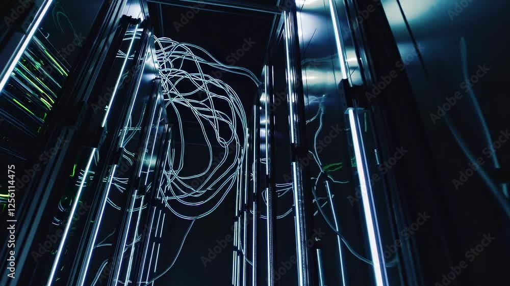 Poster exploring the intricate network of cables in a high-tech data center at night
