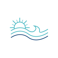 Ocean waves and sun line art logo.