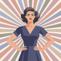 Confident woman on pastel sunburst background. Feminism and equality concept. Flat illustration in retro style