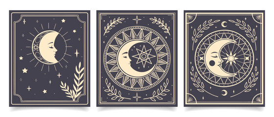 Set of cards with mystical celestial sun, moon and stars. Art prints, wall posters. Illustration