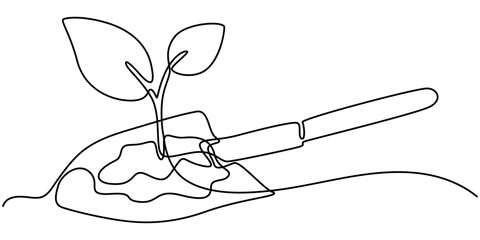small trees shovel icon continuous one line drawing, House Plant Single Line Drawing  with Editable Stroke, Landscaping Icon, Tree Planting Black Stroke Linear Icon, Thin Line Style Shovel pro vector.