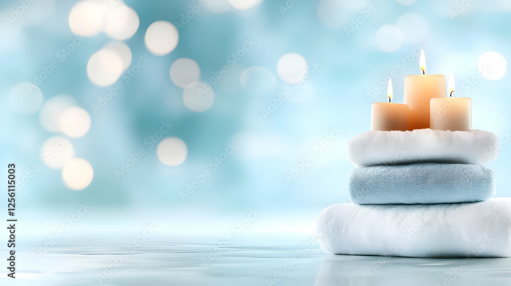 Poster A soothing scene featuring stacked candles and soft towels, perfect for relaxation and creating a tranquil atmosphere.
