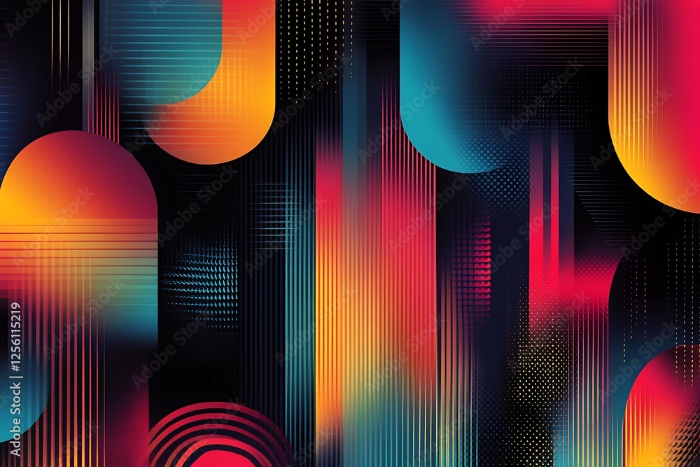 Poster abstract vibrant gradient shapes and lines on dark background.