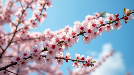 Obraz premium A scenic cherry tree in full bloom with ripe cherries, set against a clear blue sky