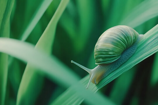 A macro shot of a snail crawling on fresh green leaves, capturing intricate details of its textured shell and delicate body. 