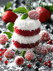 Coconut-covered cake layers with red jam, surrounded by sugared berries and leaves on a dark surface.