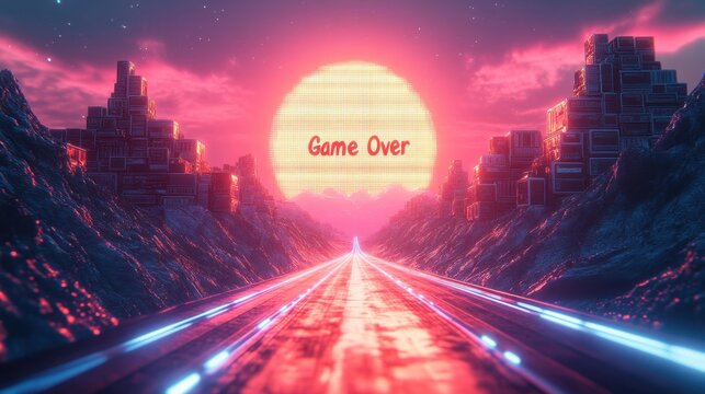 Vibrant sunset over digital landscape with neon glow and game over message in a futuristic world - Powered by Adobe