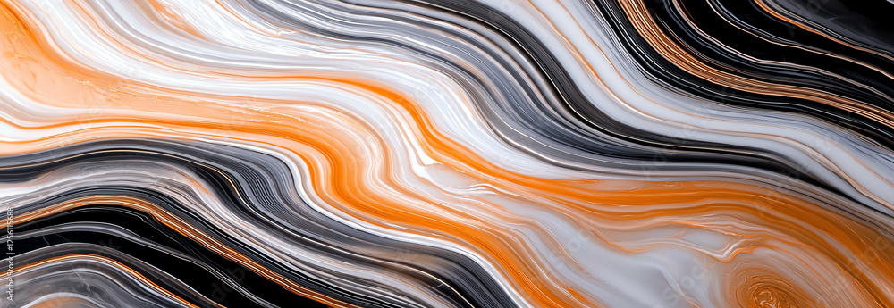 Poster stunning marble surface with flowing patterns in orange, black, and white, creating dynamic and arti