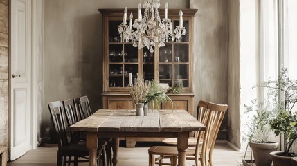 Rustic dining room with a reclaimed wood table, mismatched chairs, and a vintage chandelier overhead
