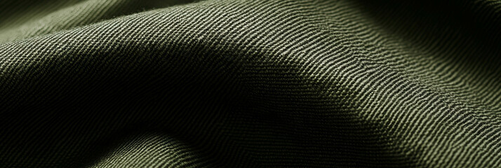 Dark olive green cotton fabric featuring herringbone weave in striking diagonal pattern