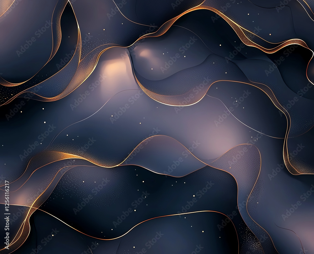 Poster abstract background featuring flowing black and blue colors with golden accents, creating sense of d
