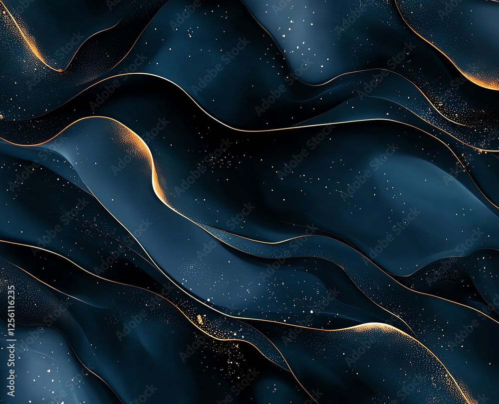 Poster Abstract background with flowing black and blue colors, accented with gold. design features smooth waves and starry texture, creating serene and elegant atmosphere