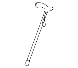 Hand drawn cute outline illustration of walking stick. Flat vector disability device outline doodle. Health care treatment sticker, icon. Rehabilitation hospital cane. Diversity or inclusion. Isolated