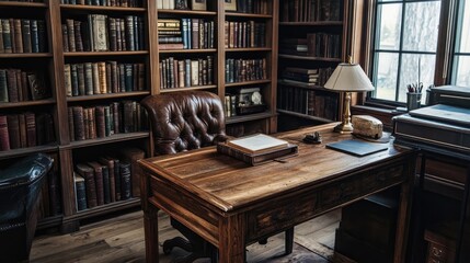 Rustic home office with a wooden desk, leather chair, and bookshelves filled with vintage books and rustic decor