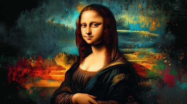 Creative reimagining of a classic masterpiece featuring a serene figure with an enigmatic smile against a vibrant background