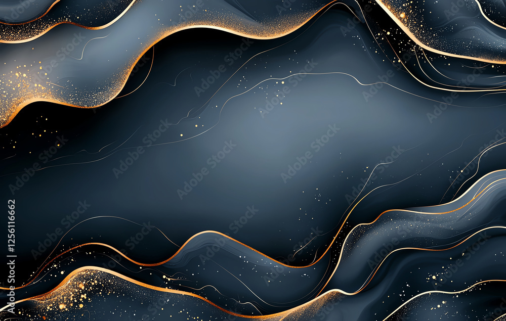 Poster abstract background featuring navy blue and gold marbling with flowing lines and sparkles, creating 