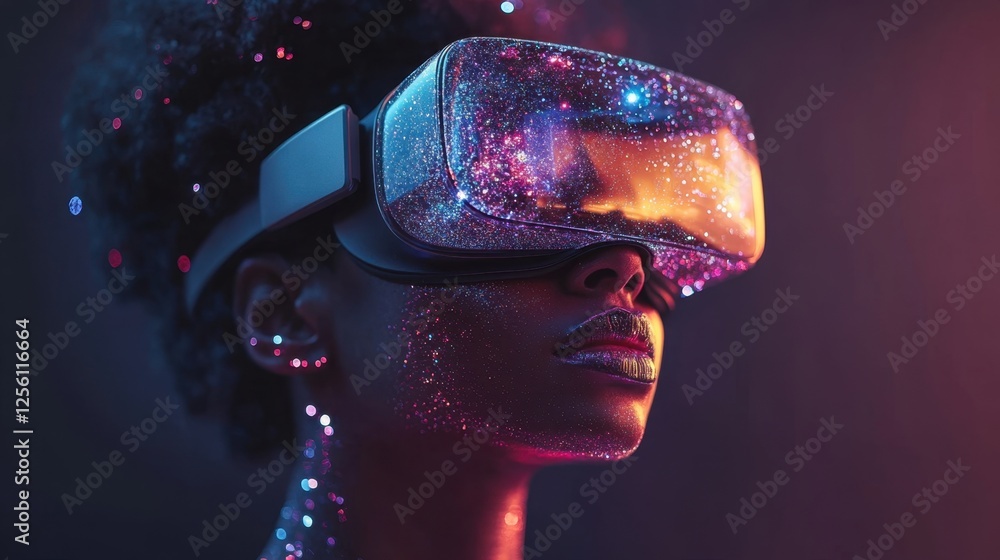 Aufkleber exploring a cosmic realm through virtual reality with dazzling effects in a creative setting