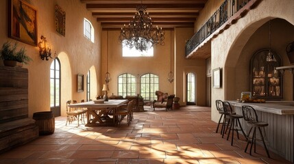 Rustic Italian villa-style room with terracotta flooring, wrought-iron chandeliers, olive green accents, and rustic wooden furniture