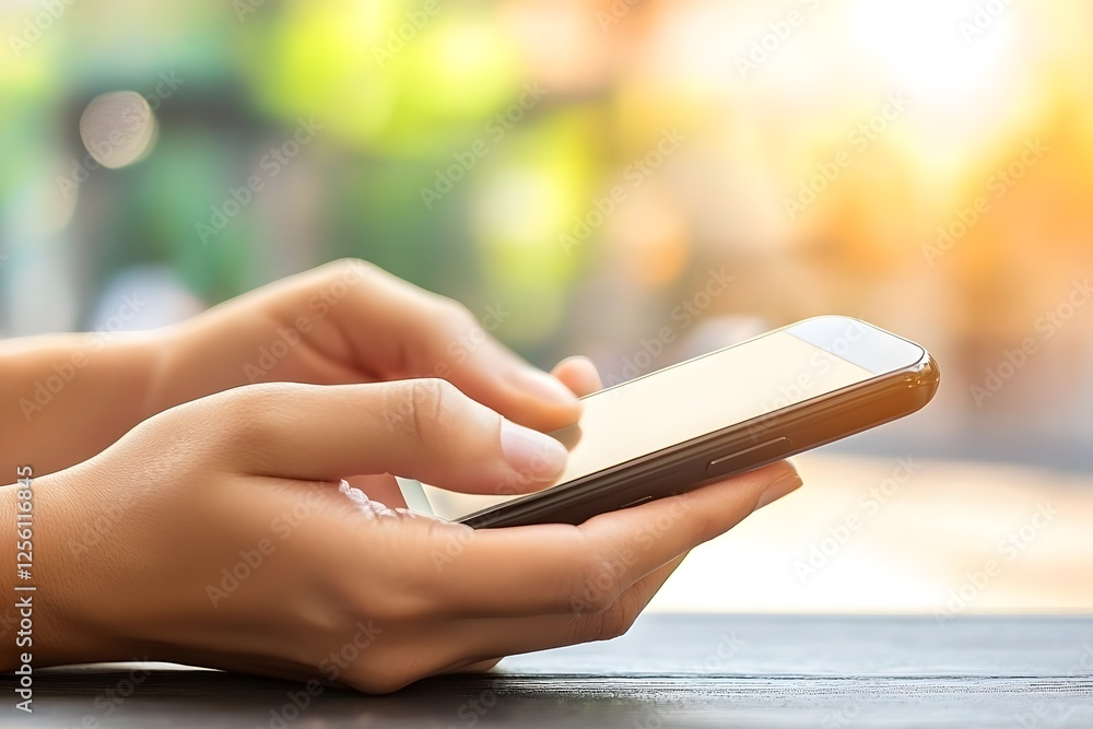 Poster mobile connection: close-up of hands using smartphone outdoors, sunlight bokeh background.