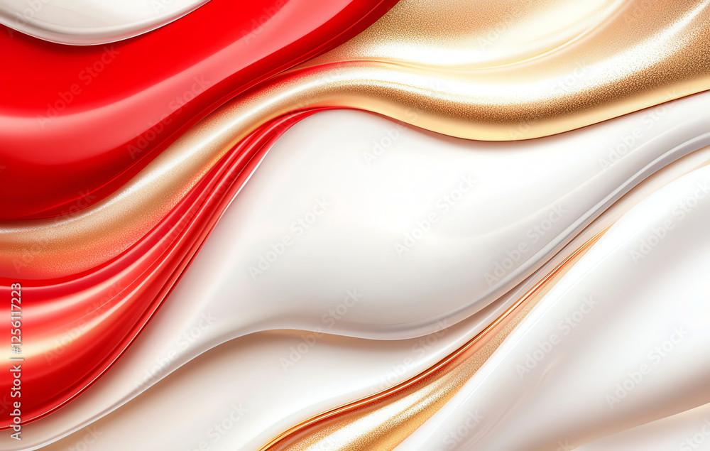 Poster Abstract background with flowing red, white, and gold waves creating dynamic and elegant visual. smooth textures evoke sense of luxury and sophistication