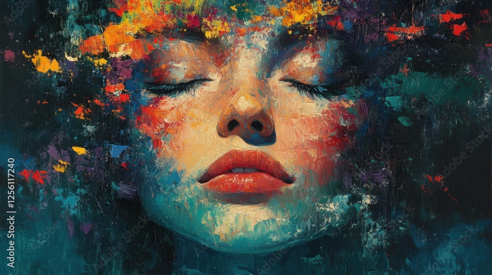 Poster exploring the depth of emotion in vibrant portrait art with color and texture blending seamlessly